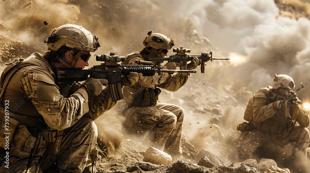Fototapeta premium A group of heavily armed soldiers, dressed in military uniforms and camouflage, aim their rifles and machine guns with intense determination and precision, ready to engage in a violent and explosive