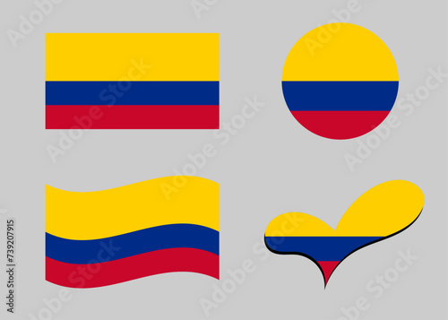 Colombian flag. Flag of Colombia in heart shape. Colombian flag in circle shape. Country flag variations.	 photo