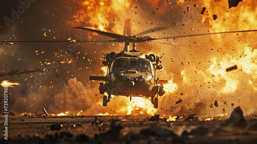 Fotografia A military helicopter battles through raging flames and thick smoke, its powerfu
