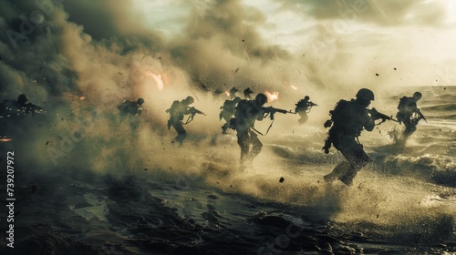 A fierce group of soldiers sprint through the outdoor landscape, their guns held tightly as they navigate through the billowing clouds of smoke and violence, with a lone firefighter riding alongside 