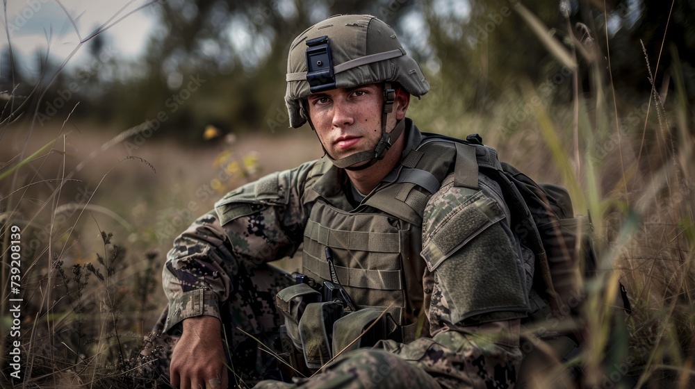 A stoic soldier in full military uniform, armed and ready for battle, sits calmly amidst the vibrant green grass, embodying the strength and bravery of the infantry and the sacrifice of all those who