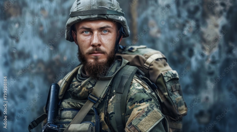 A camouflaged soldier stands poised with his weapon, exuding strength and determination as he represents the powerful and complex world of military organization A camouflaged soldier stands poised with his weapon, exuding strength and determination as he represents the powerful and complex world of military organization