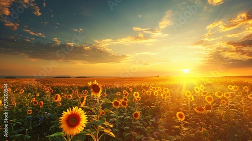 A vibrant field of sunflowers bask in the warm glow of a golden sunset, creating a breathtaking natural canvas in the open sky photo