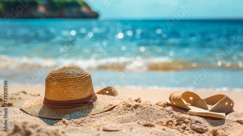 A stylish sun hat sits on the warm sand, basking in the summer sun while overlooking the tranquil sea and rocky shore