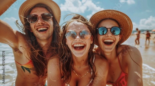 A carefree group of people, adorned in fashionable swimwear and hats, bask in the warm summer sun with bright smiles, creating a picture perfect vacation scene filled with fun and joy