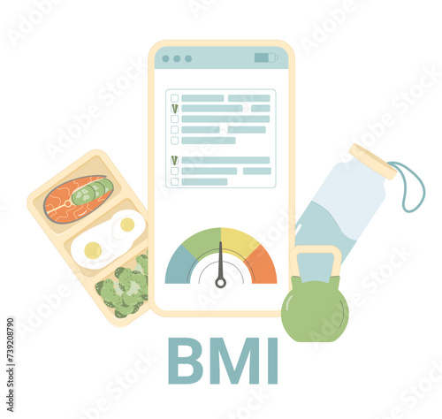 Healthy lifestyle. BMI and weight control application. Body mass index and counting calories on phone, kettlebell fitness and lunchbox meal isolated on white background. Vector flat illustration