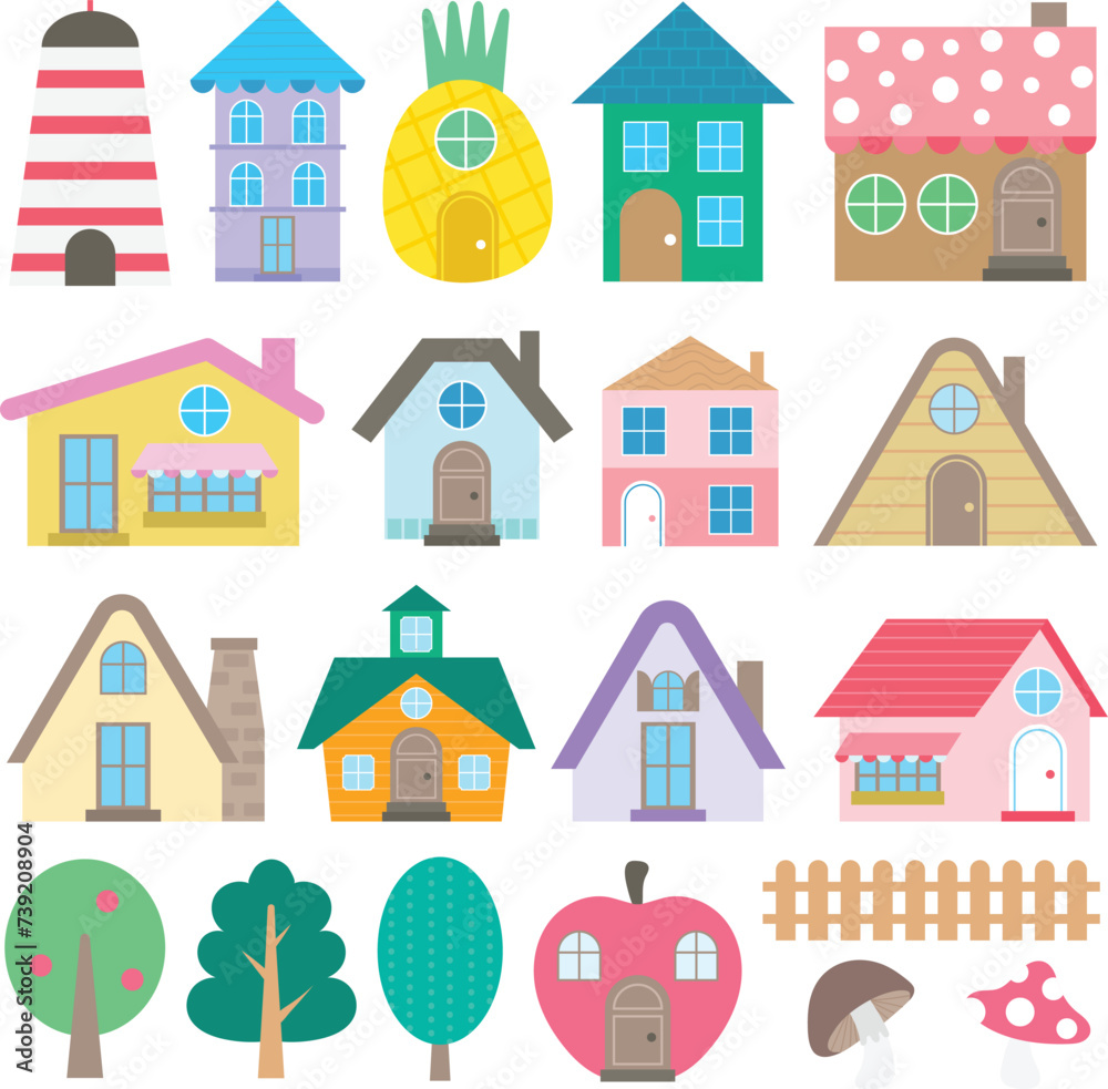 Little town home sweet home hand drawn house and building architecture icon vector illustration