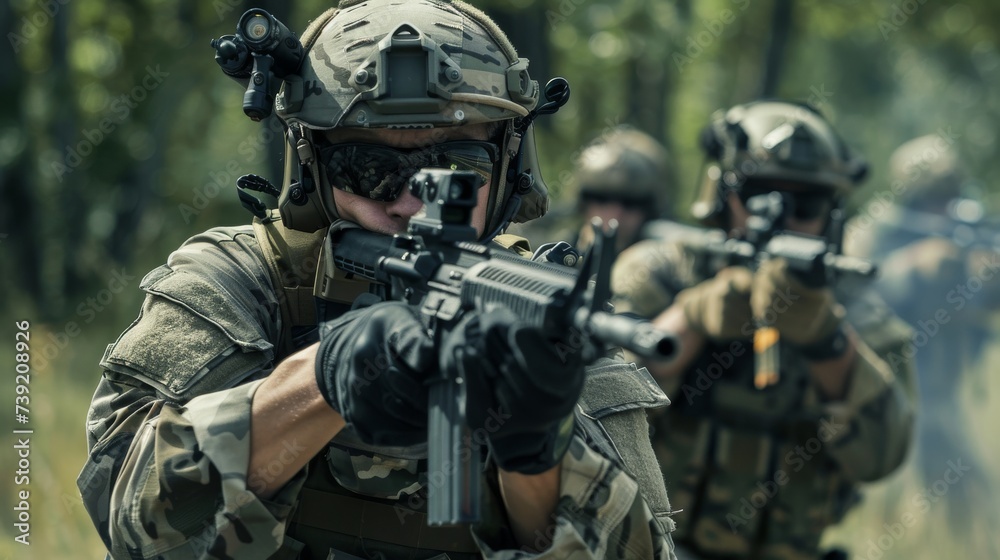 Amidst the natural camouflage, a group of soldiers stand armed with weapons and determination, ready to protect their country and fight for their beliefs