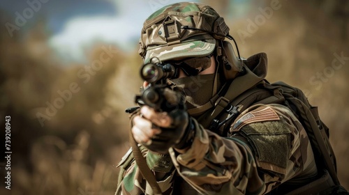 A soldier blends into the outdoors, armed with a powerful weapon and donning his military uniform, ready for combat and trained to defend with precision and stealth
