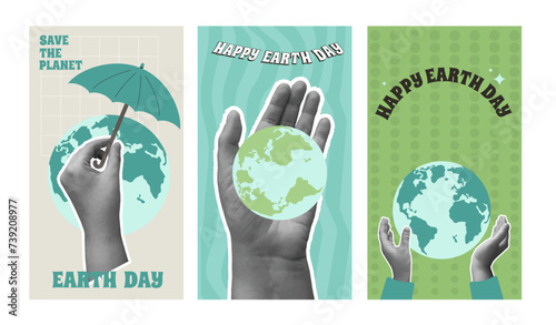 Earth day banners with collage hands sticker for social media. Save the planet retro vertical posters. Template for holiday design. Vector illustration