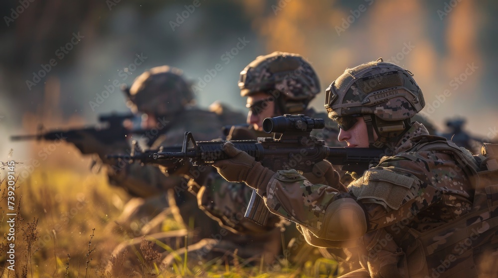 A squad of soldiers, dressed in military camouflage and armed with rifles, stands ready for combat in the grassy field as they prepare to defend their country
