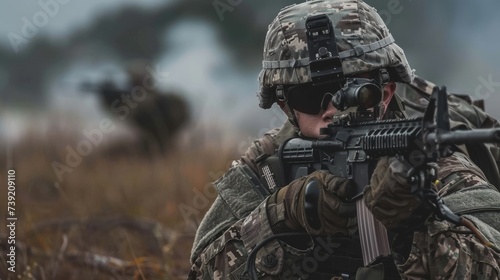 A determined soldier in full military uniform takes aim with his rifle, blending seamlessly into the outdoor terrain with his camouflage as he prepares to defend his country and fellow troops in comb