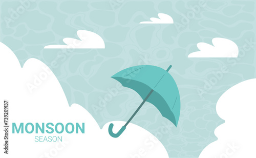 Monsoon season banner template. Umbrella on windy and rainy background. Vector flat illustration
