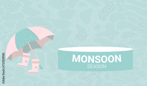 Monsoon season banner template. Podium for advertising flyer offer. Umbrella and rubber bots on windy and rainy background. Vector flat illustration