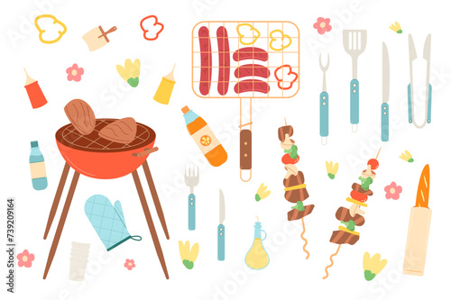 Grill picnic set. Spring bbq elements isolated on white background. Summer barbeque day meal in park or backyard. Kebab, tableware and beverages. Food and cooking items. Vector flat illustration