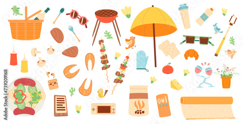 Bbq element set. Grill and kebab elements isolated on white background. Summer picnic day meal in park or backyard. Vector flat illustration
