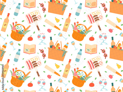 Picnic seamless pattern. Basket with wine and food endless background. BBQ grill cover. Vector flat illustration