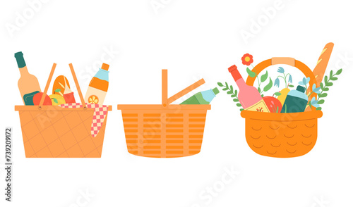 Picnic baskets set isolated on white background. Cookout food and wine. Summer outdoor holiday activity elements. Vector flat illustration