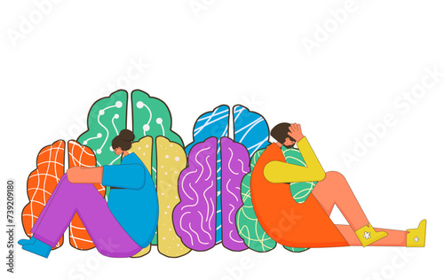 Two sad girls sitting near different brains. Neurodiversity symbol. ADHD and autistic characters. Brainstorming, creative thinking sign. Colorful human minds metaphor. Vector illustration