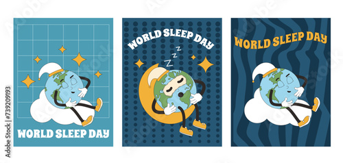 World sleep day vertical banner set. Earth mascot have rest at night greeting cards. Planet retro poster. Dark template for holiday design. Vector illustration