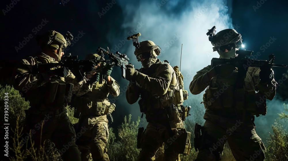 A group of soldiers, dressed in camouflage and armed with rifles and other weapons, stand together in the outdoors, representing the violence and strength of the military organization they belong to - obrazy, fototapety, plakaty 