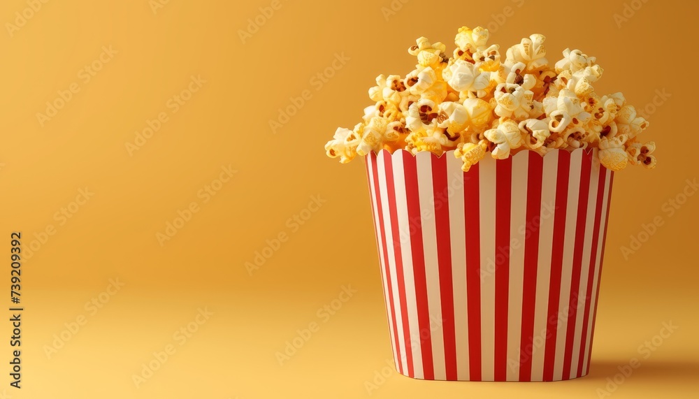 Popcorn scattering from red striped box on pastel yellow background with text space.