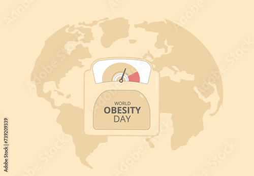 World obesity day banner template. Bathroom scale with overweight indicator on map background. Vector flat illustration