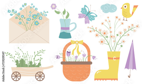 Bouquets with flowers in envelope rubber boots and basket. Spring elements set and gardening tools isolated on white background. Vector illustration