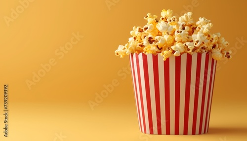 Popcorn scattering from red striped box on pastel yellow background with text space. © Ilja