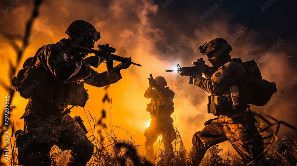 A fierce group of soldiers armed with rifles and guns stand against the fiery sky, ready to fight violence and protect their people like fearless firefighters