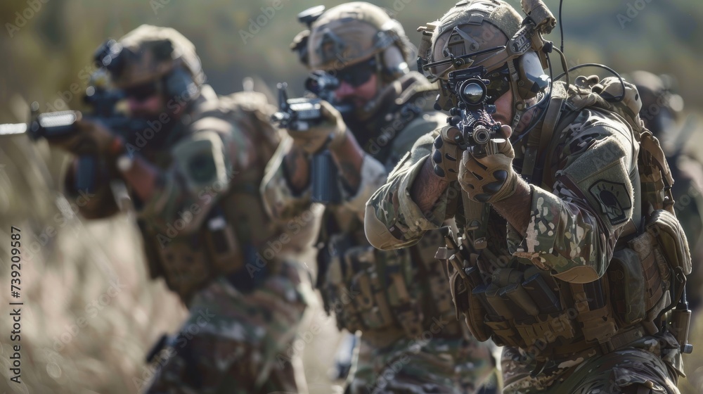 Amidst the rugged terrain, a squad of camouflaged soldiers stands ready, their weapons at the ready, prepared for the violence and danger of combat