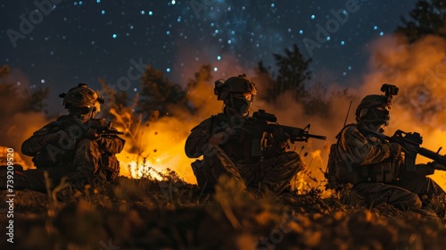 Amidst the chaos of war, a band of warriors rests beneath the starry sky, their weapons at the ready as they prepare for the fiery night ahead photo