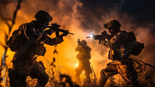 A fierce group of soldiers armed with rifles and guns stand against the fiery sky, ready to fight violence and protect their people like fearless firefighters
