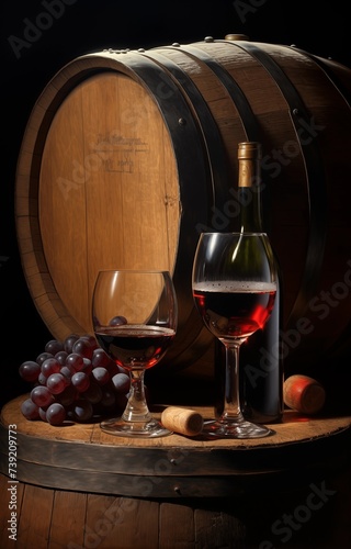 A glass of wine on a wine oak barrel in the wine cellar. Tasting of red wine. High resolution