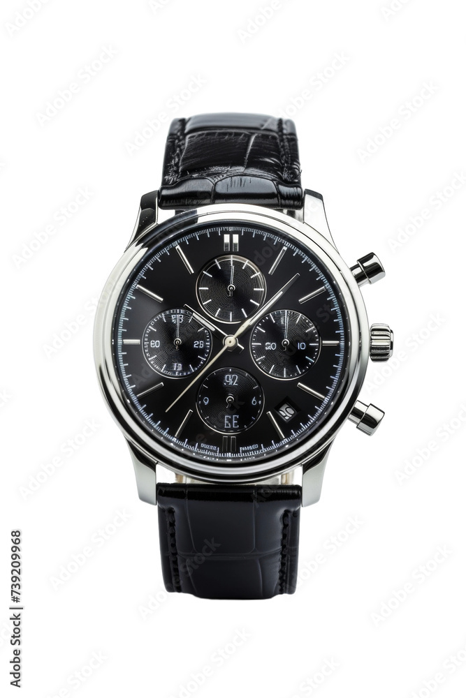 Luxury trendy silver men's watch with black dial and leather strap on transparent background, Png format. Luxury trendy silver men's watch with black dial and leather strap on transparent background, Png format.