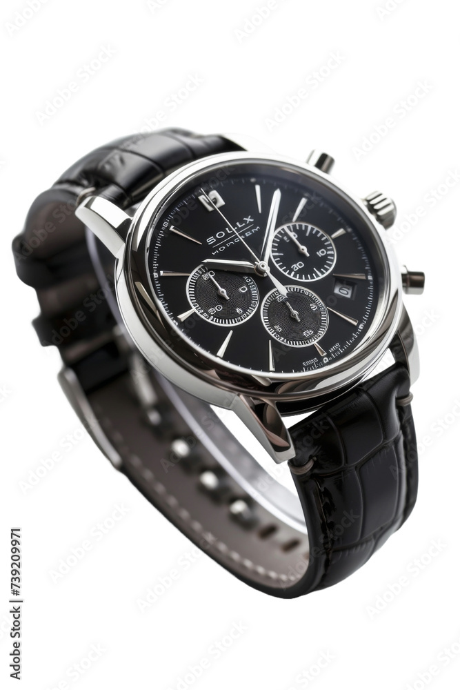 Luxury trendy silver men's watch with black dial and leather strap on transparent background, Png format. Luxury trendy silver men's watch with black dial and leather strap on transparent background, Png format.