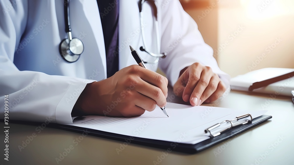 Close up of male doctor writing prescription in office, Medical and healthcare concept, Generative AI illustrations. Close up of male doctor writing prescription in office, Medical and healthcare concept, Generative AI illustrations.