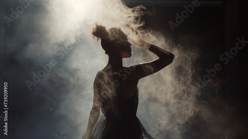 a silhouette of a woman dancer under the spotlight, minimalist, light and shadow
