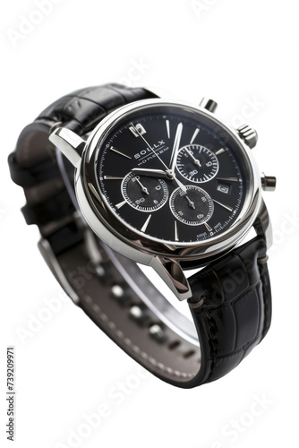 Luxury trendy silver men's watch with black dial and leather strap on transparent background, Png format.