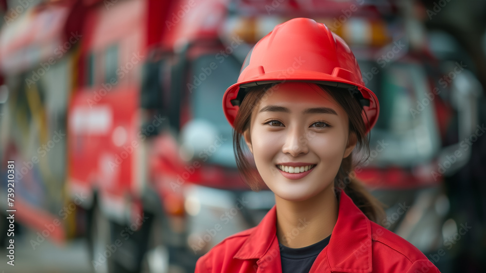 Confident young Asian female engineer in red hard hat smiling with fire trucks in the background, perfect for safety and professional service themes with focus on diversity in the workplace