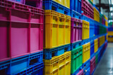 Colorful plastic storage bins stacked in an industrial warehouse, with a blurred background emphasizing the concept of organization and logistics