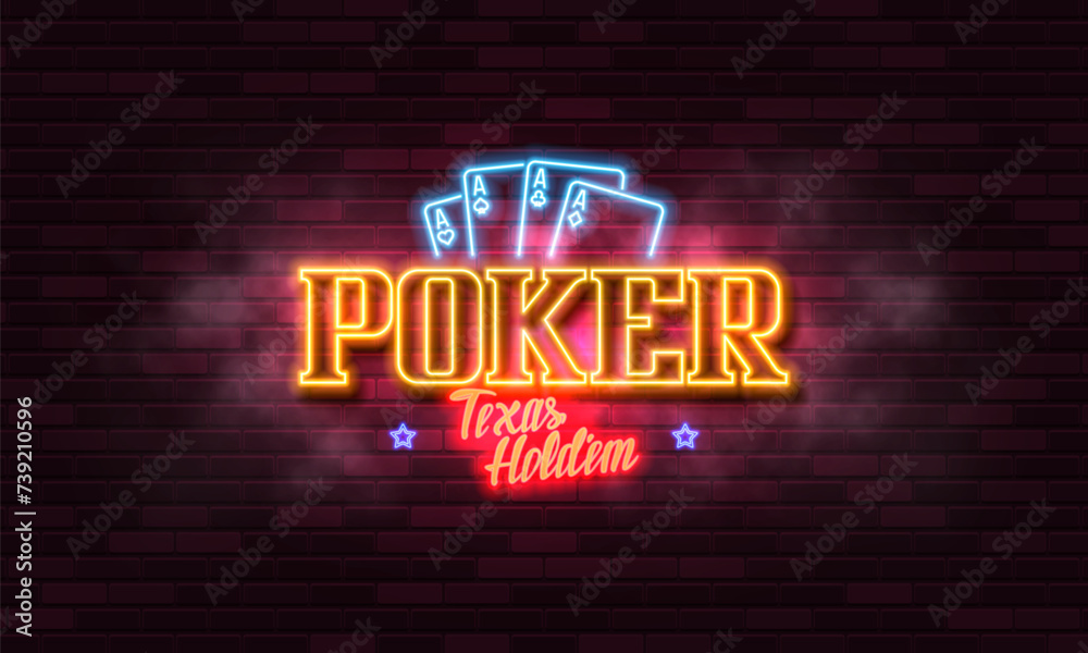 Poker banner. Casino logo with neon signs on brick wall background. Vector illustration.
