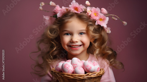 Cute little girl holding a wicker basket with Easter eggs. Easter holiday, mult colored eggs photo