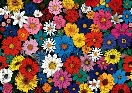 Colorful Flower Pattern Wallpaper with a Large Variety of Vibrant Blooms for Decorative Backgrounds and Designs