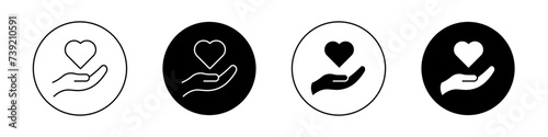 Heart in Hand Icon Set. Care Support Health Vector Symbol in a Black Filled and Outlined Style. Compassionate Giving Sign.
