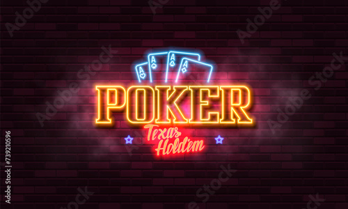Poker banner. Casino logo with neon signs on brick wall background. Vector illustration.