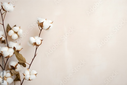 Minimalistic cotton sprig on beige background natural decoration with space for text. Concept Minimalistic styling  Cotton sprig  Beige background  Natural decoration  Space for text