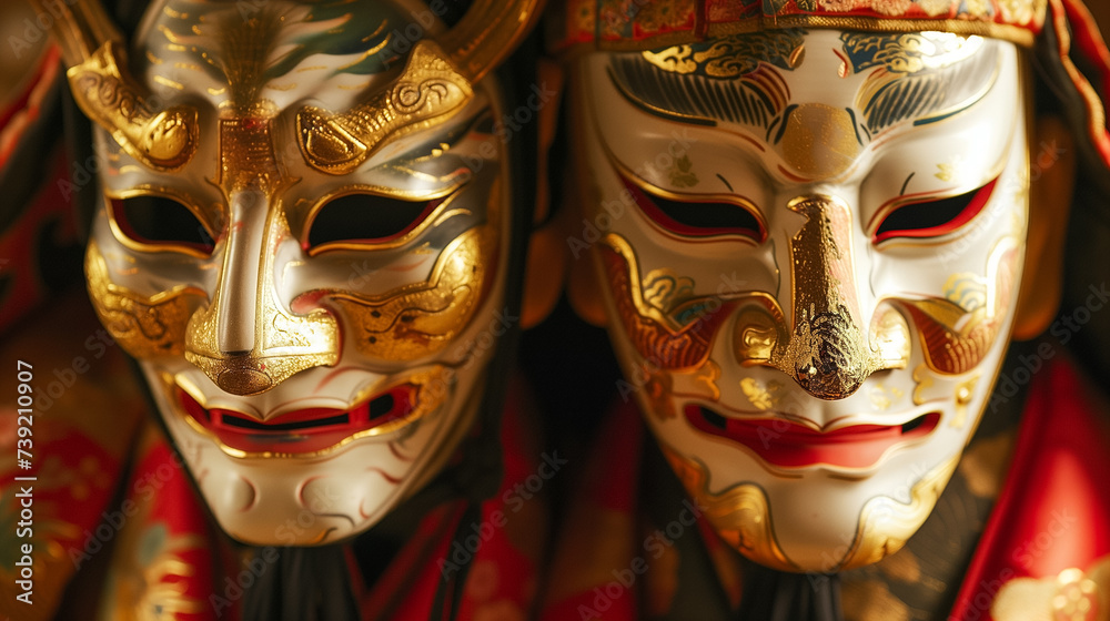 Traditional Chinese opera masks with intricate gold detailing and red accents, representing Asian cultural performance art, perfect for events or Lunar New Year celebrations