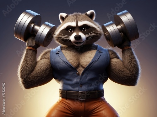 Classic bodybuilder archetype, featuring an unlikely yet amusing protagonist a strong and muscular raccoon. Picture the raccoon flexing its impressive muscles with a determined expression