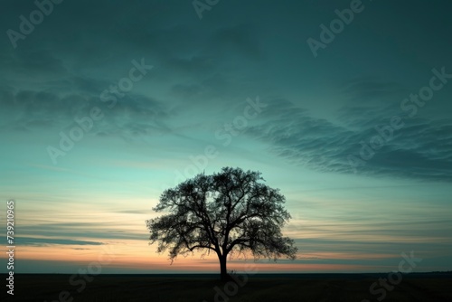 Silhouette of a tree on large flat land, vibrant sunset sky